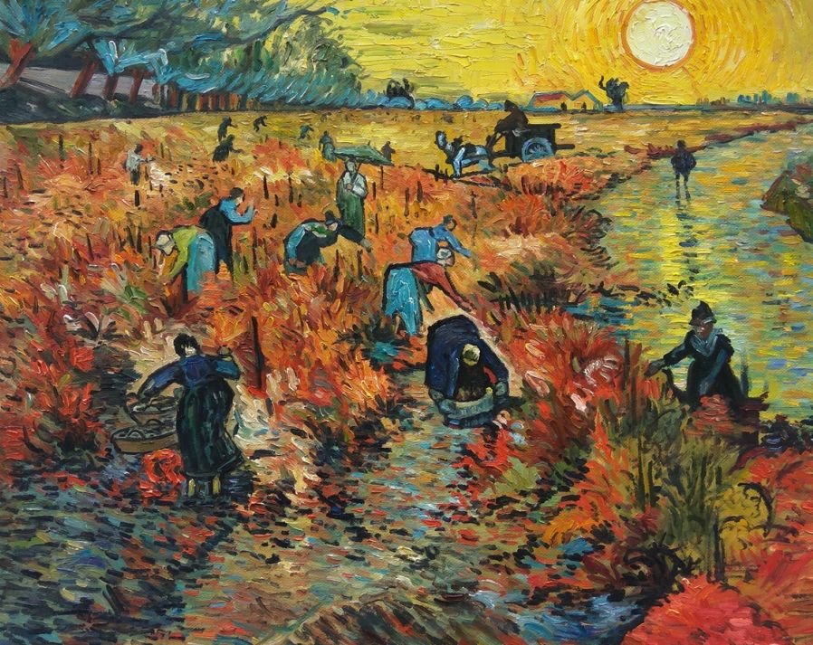 <p>Red Vineyard, 1888, Vincent van Gogh</p>