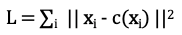 <p>c(x<sub>j</sub>) is the centroid of the cluster that x<sub>j</sub> is assigned to</p>