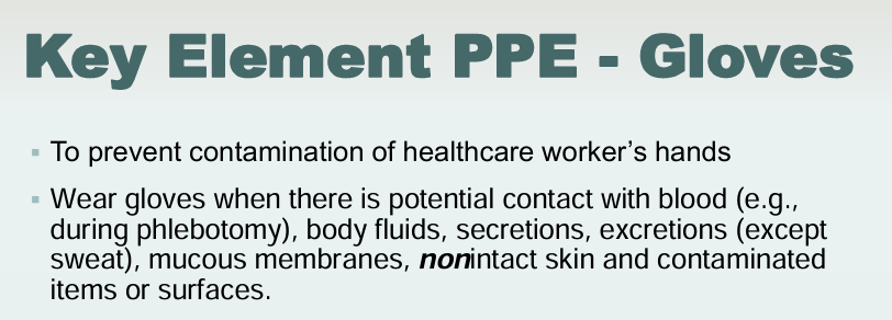 <p>Gloves: Potential Contact with</p><ul><li><p>Blood (during phlebotomy</p></li><li><p>Body fluids</p></li><li><p>Secretions</p></li><li><p>Excretions (except sweat)</p></li><li><p>Mucous membranes </p></li><li><p>Non-intact skin</p></li><li><p>Contaminated items or surfaces</p></li></ul><p></p>