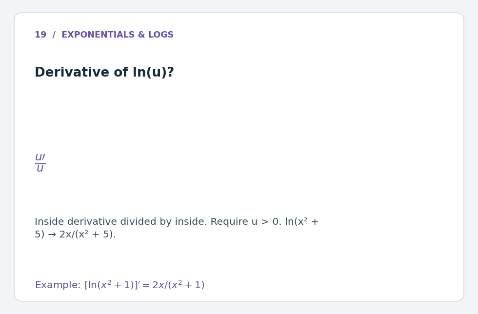 <p>u'/u, for u>0. Inside derivative divided by inside. Example: ln(x^2+5) becomes 2x/(x^2+5).</p>