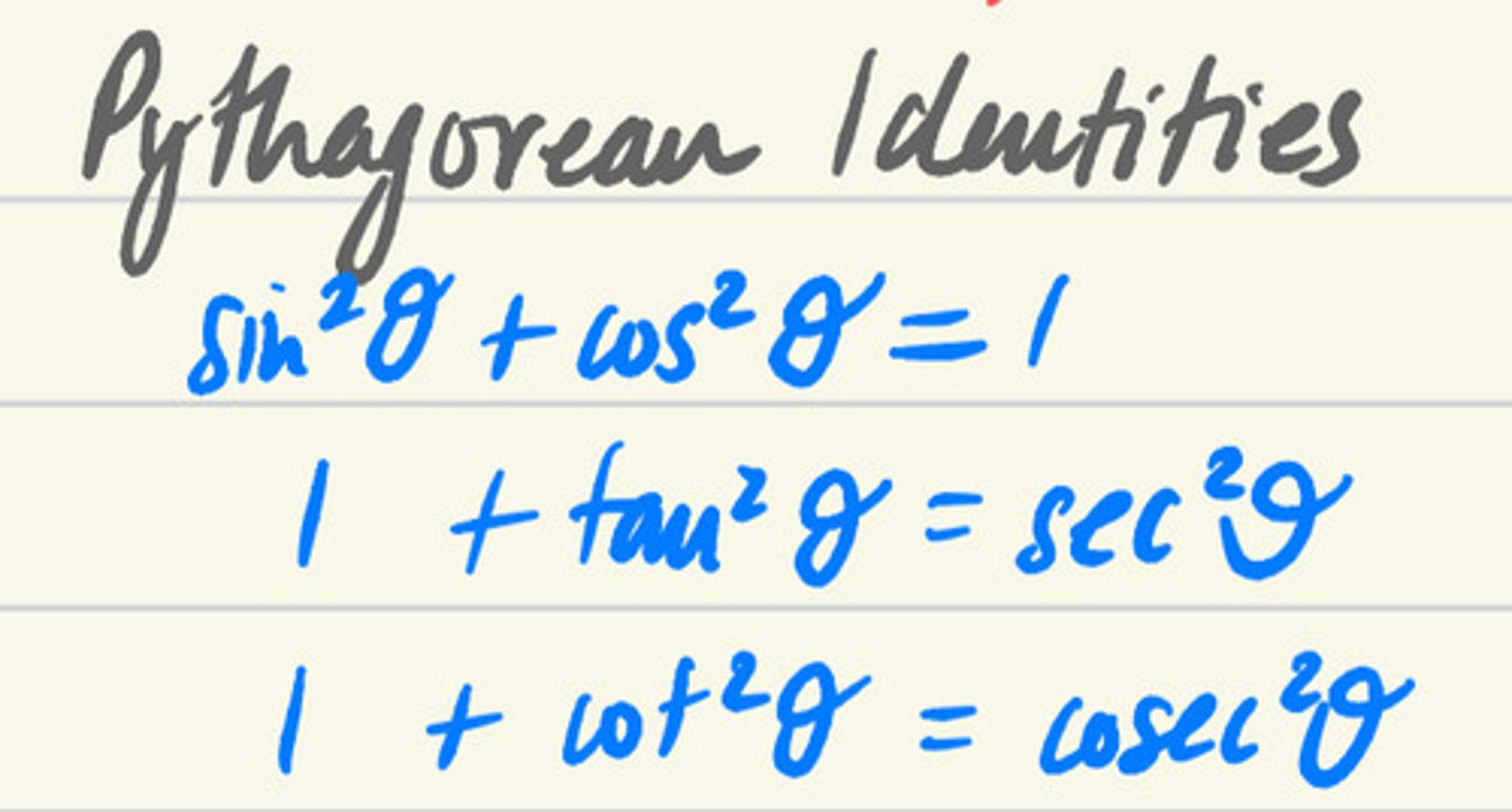 <p>sin²∅ + cos²∅ = 1</p><p>tan²∅ + 1 = sec²∅</p><p>cot²∅ + 1 = cosec²∅</p>