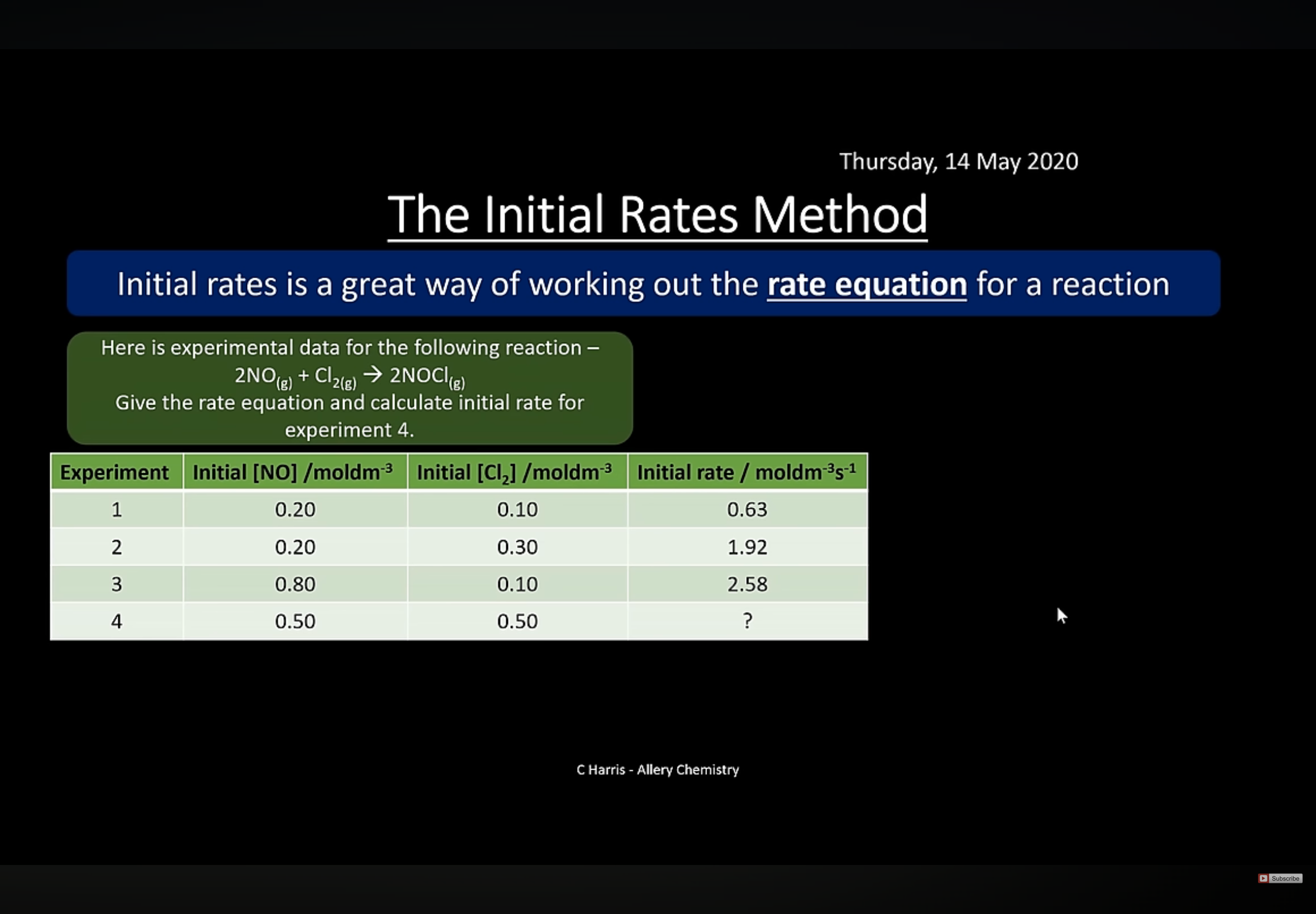 <ol><li><p>Answer image question but only calculate the rate equation.</p><p>Note: We don’t need to put the 1 indice if the concentrations in the rate equation is first order.</p></li></ol><p></p>