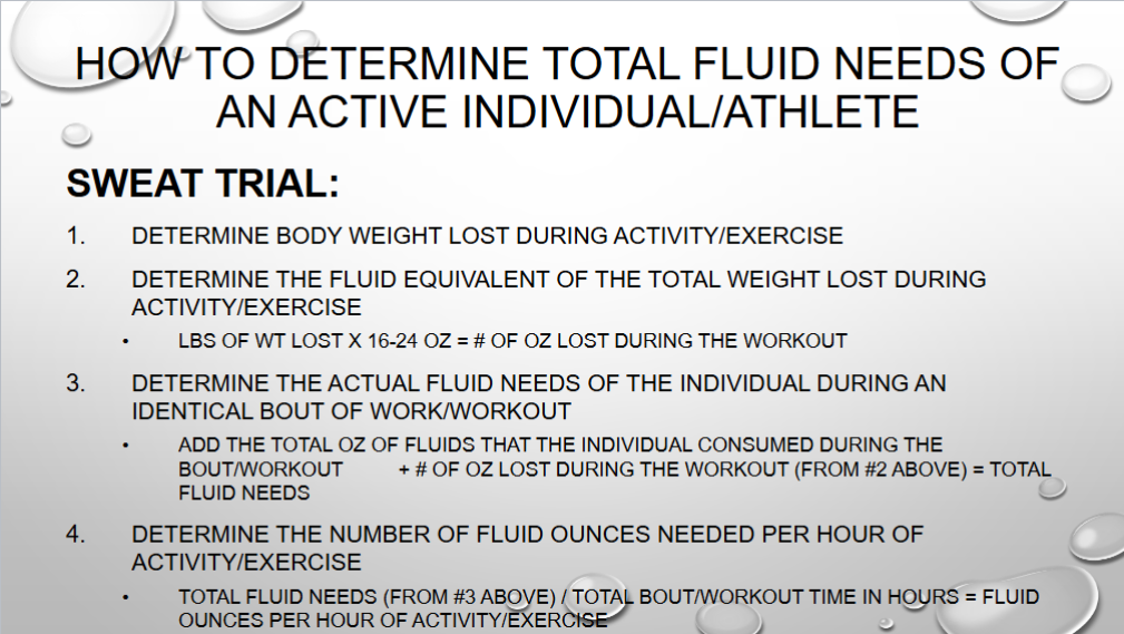 <p>example: 145lbs before 2 hours of tennis, 143 at the end, he consumed 16 oz of fluid during practice.</p><ol><li><p>2lb weight loss</p></li><li><p>2lbs x 16-24oz = 32-48oz</p></li><li><p>16oz + 32-48oz = 48-64oz/2 hour</p></li><li><p>simon needs 24 - 32 oz per hour</p></li></ol><p></p>