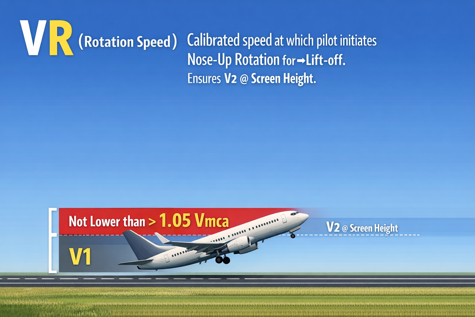 <p><strong>Calibrated </strong>speed at which pilot initiates<strong> Nose-Up</strong> Rotation<strong> </strong>for→Lift-off.</p><p>Ensures <strong><u>V2</u> </strong>@ <strong><u>Screen Height</u></strong></p><p>Not Lower than <strong>></strong>;</p><ul><li><p><strong>V1</strong></p></li><li><p><strong>1.05 Vmca</strong></p></li></ul><p></p>