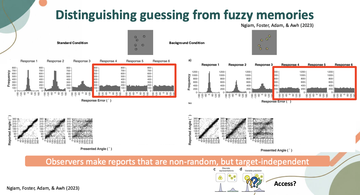 <ul><li><p>In standard condition as people made more responses, more precise but got worse. Uniform distribution</p></li><li><p>In background condition, weaker, weaker then looks like random guessing</p></li><li><p>For first 3 responses within WM capacity, see good diagonal like get getting noisier & noisier </p></li><li><p>Guessing not just a vague memory</p></li></ul><p></p>