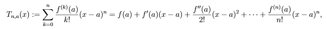 <p>approximates f(x) at x = a</p><p></p><p>T<sub>n, a</sub> </p><ul><li><p>n = degree</p></li><li><p>a = point to approximate f at </p></li></ul><p></p>