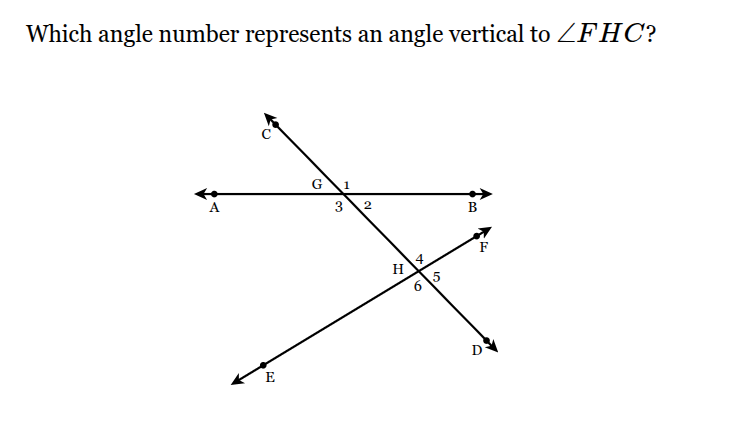<p>Which angle number represents an angle vertical to <span style="font-family: KaTeX_Main, "Times New Roman", serif; line-height: 1.2; font-size: 1.21em;">∠<em>FHC</em></span>?</p>