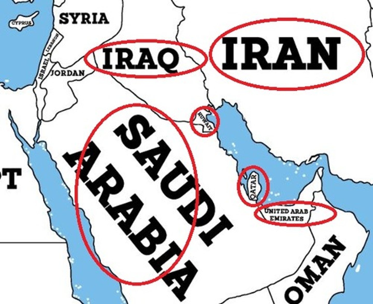 <p>Saudi Arabia, Kuwait, Bahrain, Oman, Qatar, and the United Arab Emirates</p>