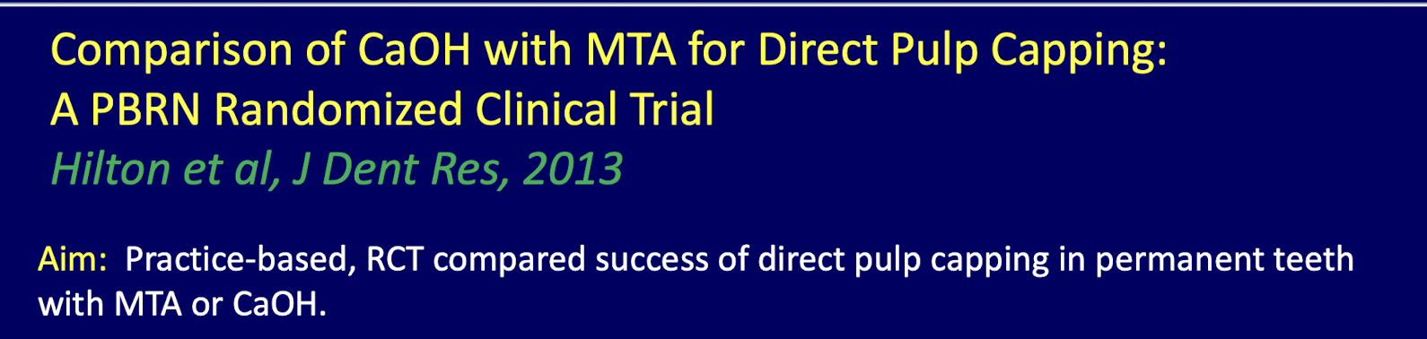 <p>RCT success of direct pulp capping in permanent teeth w MTA vs CaOH </p>