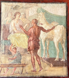 <p>Identify the scene occurring in this wall-painting in <span style="background-color: transparent;">room p of the house of vetti (fourth style) </span></p>