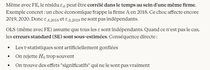 <p>Les SE classiques et robustes supposent l'indépendance des observations. Or en finance, les erreurs sont souvent corrélées :</p><p class="my-2 [&amp;+p]:mt-4 [&amp;_strong:has(+br)]:inline-block [&amp;_strong:has(+br)]:pb-2">En corporate finance, ce n’est pas réaliste:</p><p class="font-claude-response-body break-words whitespace-normal leading-[1.7]"><strong>Corrélation cross-sectionnelle</strong></p><p>Le ROA de la firme A et celui de la firme B dans la même industrie sont corrélés (même choc de demande). Les observations ne sont pas des tirages indépendants.</p><p><strong>Corrélation temporelle (sérielle)</strong></p><p>La taille d'une firme en t est corrélée avec sa taille en t+1. Les erreurs εᵢₜ et εᵢₜ₋₁ sont corrélées — violation de l'indépendance.</p><p></p><p><strong>Pourquoi les SE sont-elles trop basses ?</strong></p><p>Si on double le nombre d'observations en répliquant les données existantes, les SE classiques diminuent (de moitié !) même si on n'a aucune information supplémentaire. Le logiciel ne réalise pas que les observations ne sont pas indépendantes. Le biais de la corrélation en séries temporelles peut facilement doubler ou tripler les SE !</p>
