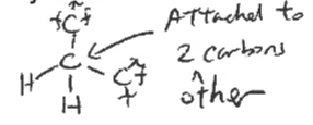 <p>carbon bonded to two other carbons</p>