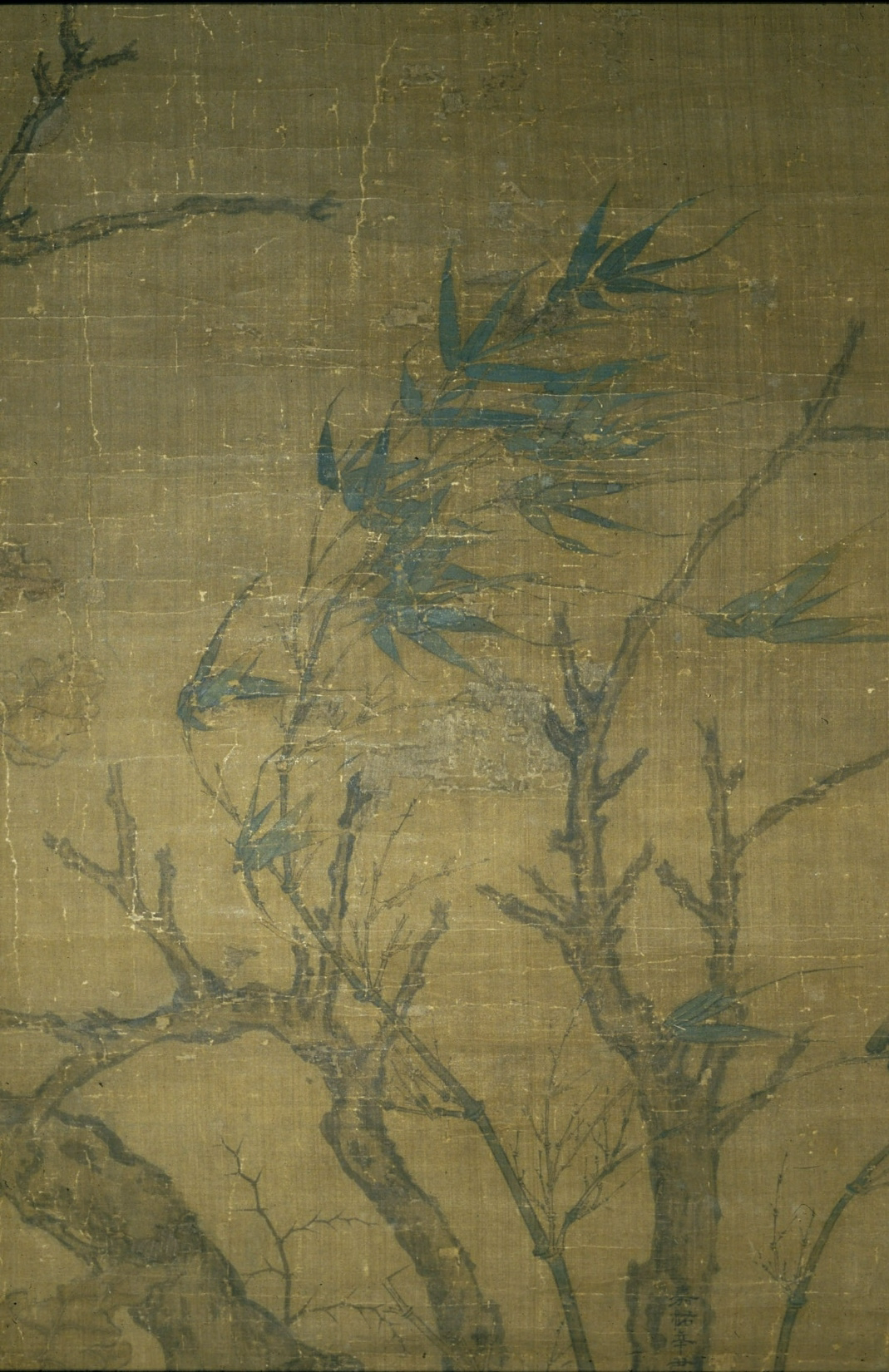 <p>Detail of the bamboos being blown by gust. Note: Bamboos are generally thought to represent moral, upright character of a gentleman, but here, the leaves are blown by a gust, hinting at a storm they are about to endure. </p>