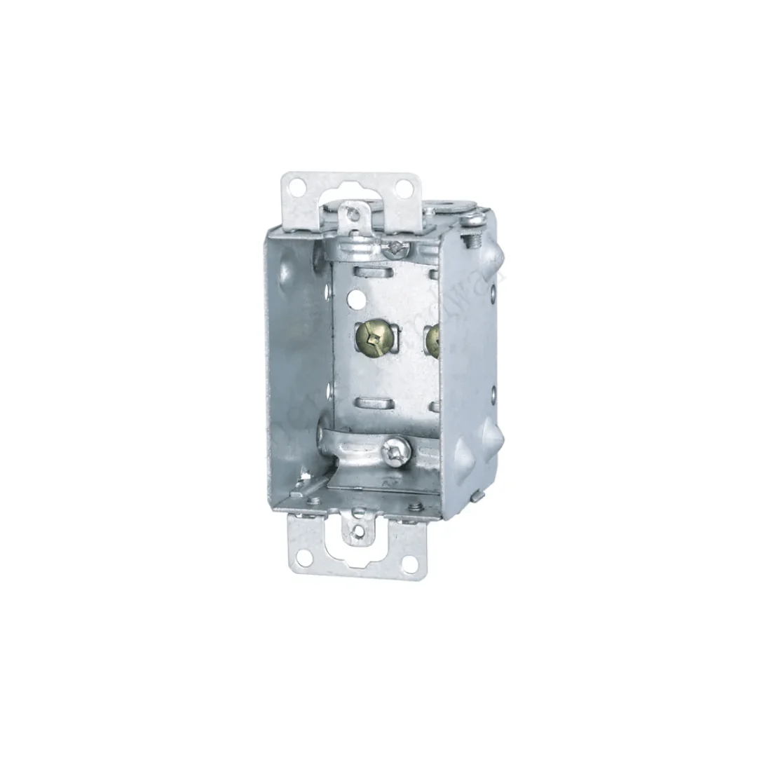 <p>Metal or plastic electrical box with knockouts for conduit or NM cable, used to house switches and protect wiring connections.</p>