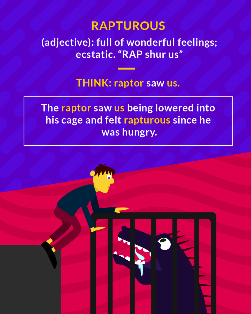 <p>full of, feeling, or manifesting ecstatic joy or delight.</p><p>(adj.) full of wonderful feelings, ecstatic</p><p>(adj.) filled with great joy</p>