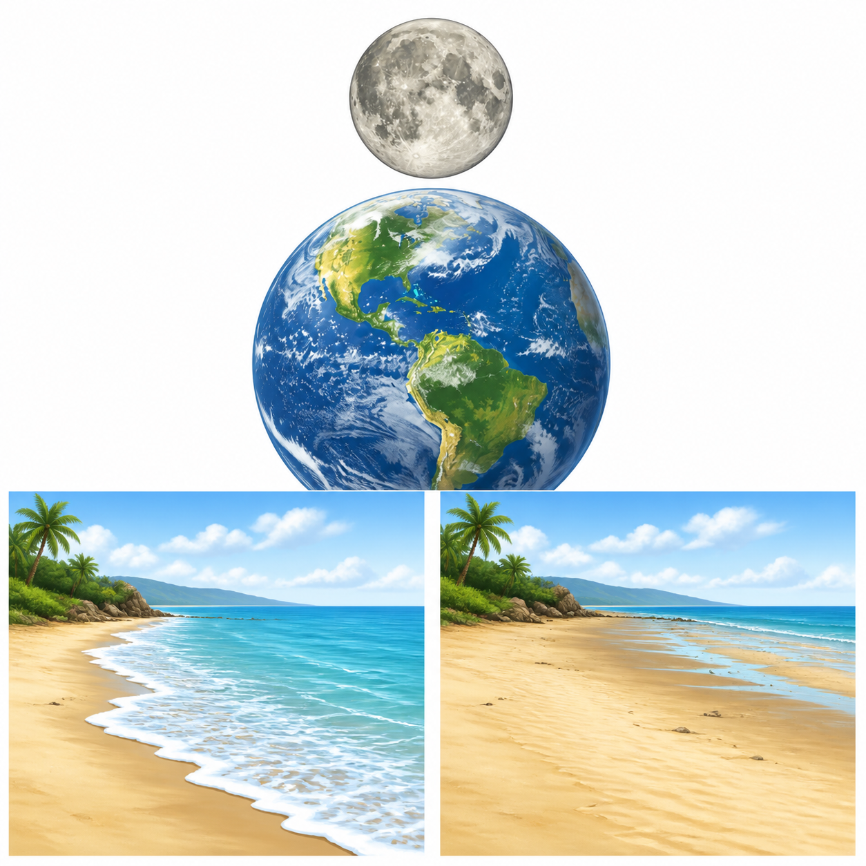 <p>The daily rise and fall of the ocean level caused by the moon's gravity.</p>