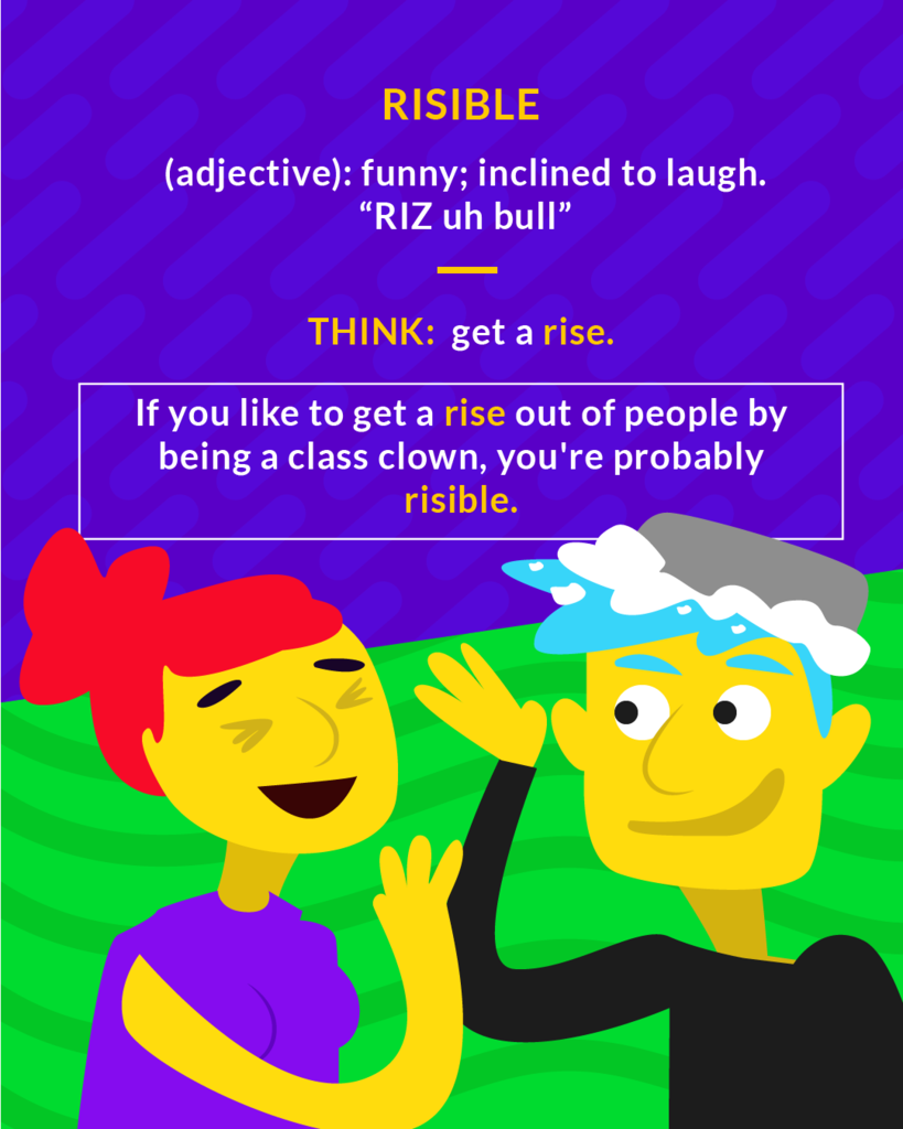 <p>relating to laughter; laughable</p><ol><li><p>(adj.) funny</p></li><li><p>(adj.) inclined to laugh</p></li></ol><p></p>