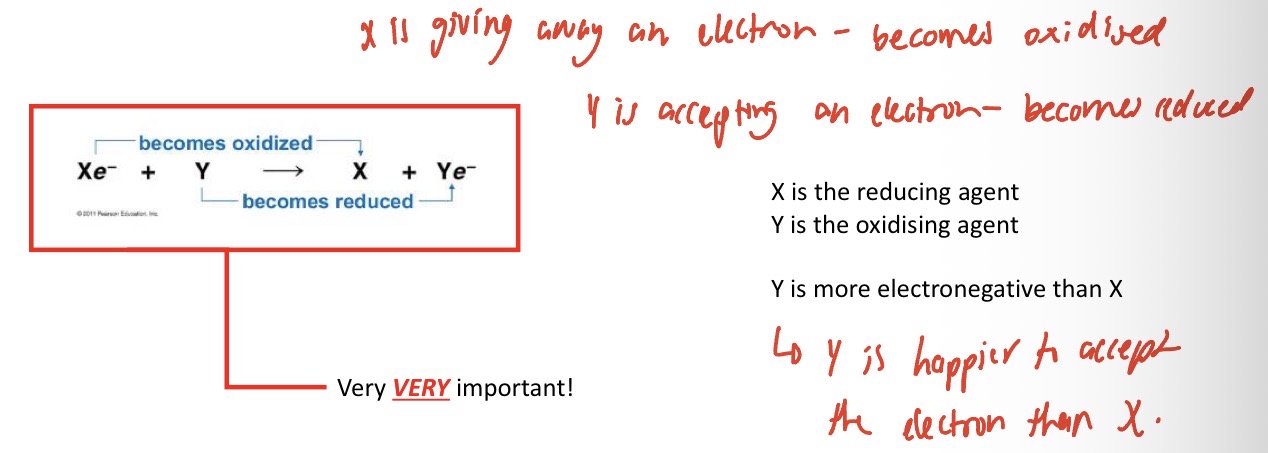 <ul><li><p>the substance that accepts an electron becomes reduced</p></li><li><p>It is also the oxidising agent </p></li><li><p>This is more electronegative than the other substance, meaning its happier to accept the electron </p></li></ul><p></p>