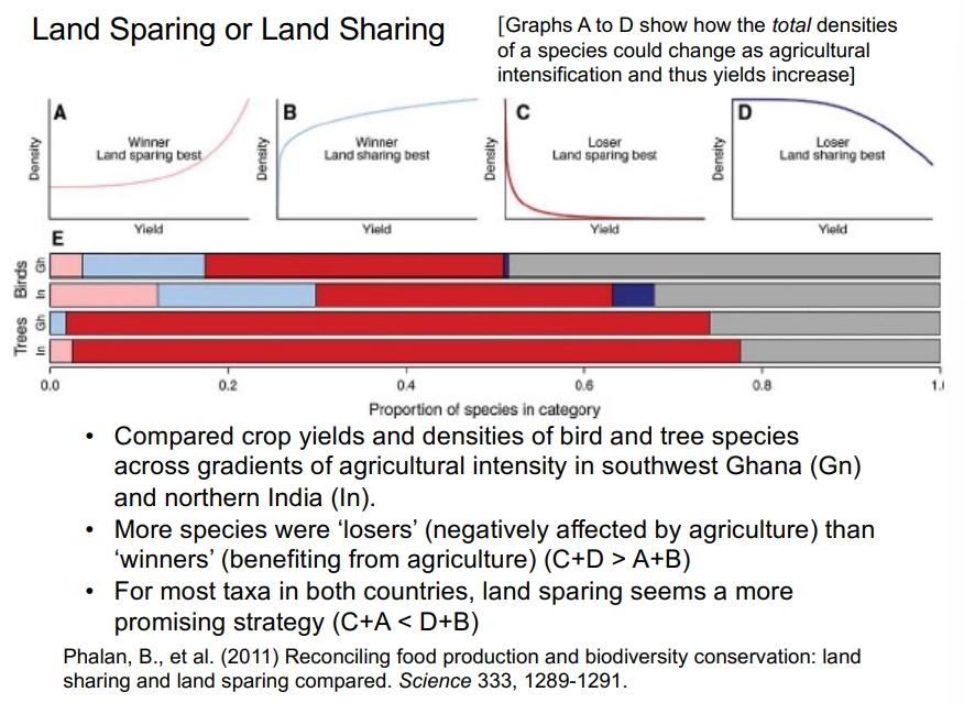 <ul><li><p><strong>organic farming</strong>, which uses crop rotation, green manure, compost and biological pest control and legally restricts inorganic fertilisers and pesticides</p></li><li><p><strong>agroforestry</strong>, primarily in the tropics, which <strong>integrates trees </strong>into crop systems (existing or planted) to improve biodiversity and better <strong>connect </strong>rainforest fragments</p></li><li><p><strong>agri-environment schemes</strong>, which <strong>incentivise </strong>wildlife-friendly farming and the delivery of public goods (eg. clean air + water, biodiversity + protection from hazards) eg. countryside stewardship schemes</p></li></ul><p></p><p>there are three levels of diversity to consider:</p><ul><li><p><strong>crop </strong>diversity by intercropping and rotation</p></li><li><p><strong>non-crop </strong>diversity by hedgerows, seminatural habitats and soil health</p></li><li><p><strong>soil diversity</strong>- inoculation of beneficial soil microbes, organic inputs and reducing disturbance (eg. tilling) </p></li></ul><p></p><p>there is a <strong>land sparing</strong> vs<strong> land sharing</strong> debate:</p><ul><li><p>sparing- <strong>intensively </strong>farming some land to maximise yields, while <strong>protecting </strong>other land as a <strong>reserve</strong></p></li><li><p>sharing- farming a greater proportion of land in a <strong>wildlife-friendly</strong> way, despite <strong>lower </strong>yields per unit area</p></li></ul><p>this is realistically a continuum, not a binary choice</p><p></p>