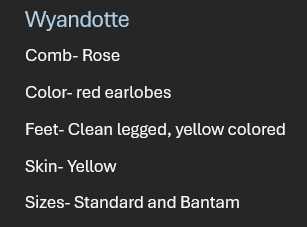 <p>Breed: Wyandotte </p><p>Variety: Golden Laced</p>