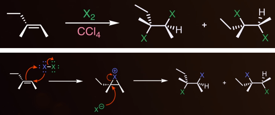 <p><span style="background-color: transparent;">alkene to vicinal dihalide (2 halogens connected to adjacent carbons), results in anti addition. A holonium is the intermediate. It gives both enantiomers.</span></p><ul><li><p><span style="background-color: transparent;">Reagents = X<sub>2</sub> and CCl<sub>4</sub>. X = any halogen</span></p></li></ul><p></p>