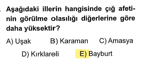 <p>Çığ için <strong>bol kar</strong> ve <strong>yüksek dağlar</strong> gerekir. Şıklar arasında Bayburt en engebeli ve kar yağışının en yoğun olduğu yerdir.</p>