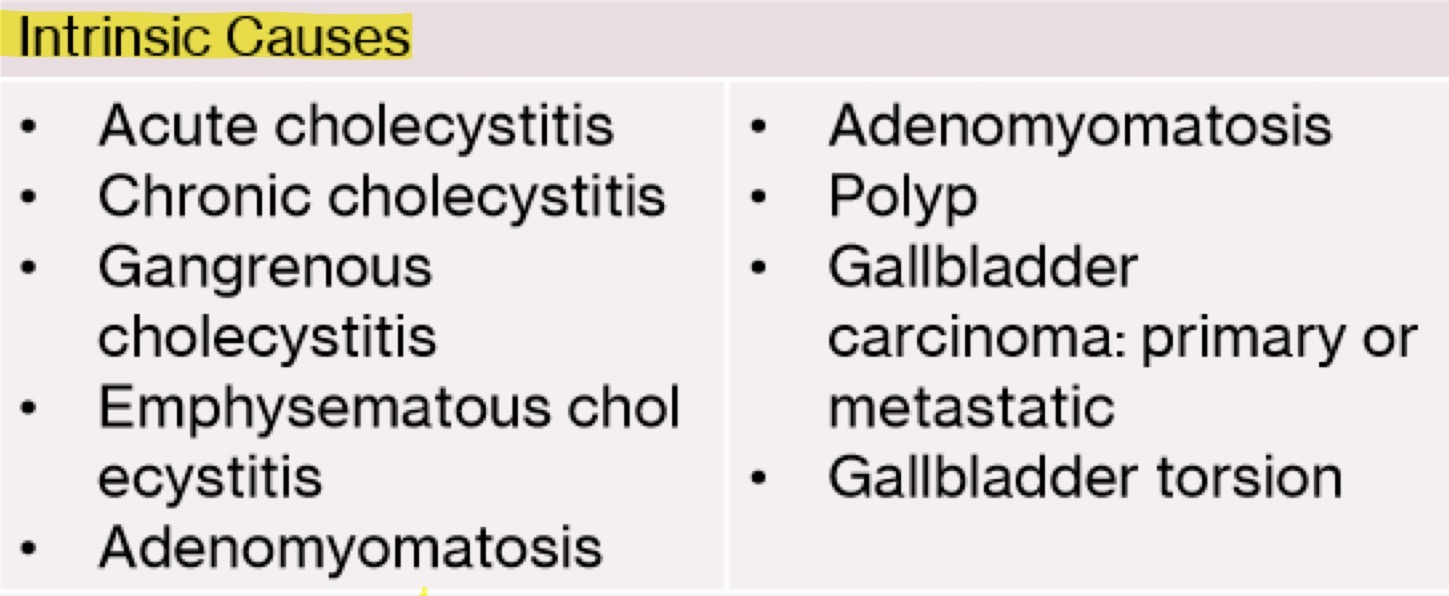 <p>Something within the GB or a condition of the GB that causes thickened wall. </p><p>Acute cholecystitis, Chronic cholecystitis, Gangrenous cholecystitis, Emphysematous cholecystitis, Adenomyomatosis, Polyp, Gallbladder carcinoma: primary or metastatic, or Gallbladder torsion</p>
