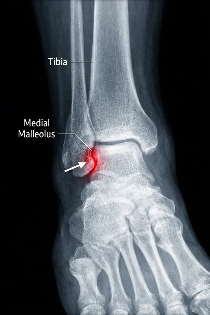 <p>The bony bump on the inner side of your ankle</p>