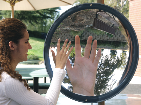 <p>A mirror that <strong>curves inward (like the inside of a spoon)</strong> and can <strong>form images that are magnified or upside down depending on distance</strong>.</p><ul><li><p>stuff look bigger when close</p></li><li><p>smaller and upside down when far</p></li></ul><p></p>
