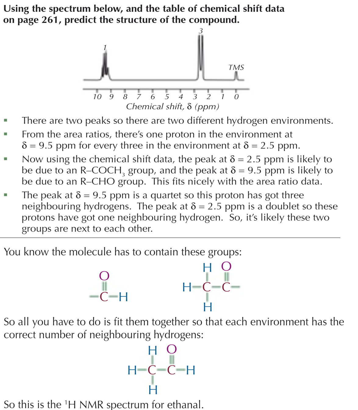 <ul><li><p>The number of peaks = how many different hydrogen environments there are </p></li><li><p>The ratio of the peak areas = the relative number of hydrogens in each environment</p><ul><li><p>(sometimes these ratios are written above the peaks; other times you may have to use integration traces)</p></li></ul></li><li><p>The chemical shift of each peak = what type of environment the hydrogen is in</p></li><li><p>The splitting pattern of each peak = the number of hydrogens on the adjacent carbon (n+1 rule)</p></li></ul><p></p>