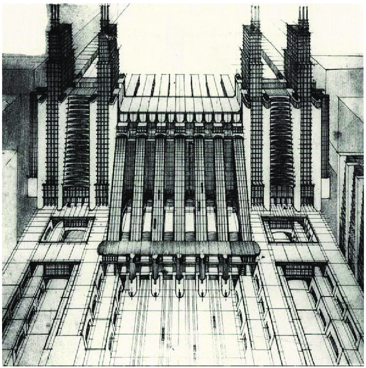 <p>QN=80</p><p>This picture reveals an urban-planning proposal designed by Antonio Sant'Elia (1914), in which the author argued for the abolishment of decoration and for transcience in design and architecture. What style did he follow?</p><p>Check one option.</p><p>a. The Aesthetic Movement</p><p>b. De Sijl.</p><p>c. Constructivism.</p><p>d. Futurism.</p>
