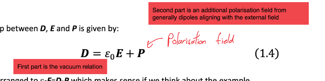 <p>From the dielectric, we have two contributors to electric fields.<br>There is the external field induced by charges on a capacitor, and also a polarisation field from dipoles being aligned which opposes this external field.<br><br><strong>We can introduce a new quantity, called the displacement field to combine these two fields.</strong><br> <br>In a linear dielectric we can model the polarisation as P = ε₀χE , where χ is the electrical subsceptibility. <br><br>As we can write the displacement field as D = εᵣE, we can write the electrical subseptibility as (1 + χ ) = εᵣ <br><br>Remember that D is not a real separate field, but it just makes our problems easier<br></p>