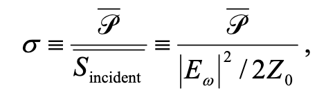 <p>Using the total cross section given here (this is the Larmor formula average power). Physically, the cross-section represents <strong>the ratio of the total power scattered by the particle to the time-averaged intensity of the incident electromagnetic wave (measured in Watts per square meter).</strong> The cross-section represents the effective target area the wave is able to "hit."</p>