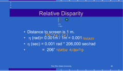<p>EXAMPLE RETINAL DISPARITY: </p><p>Circle and line targets are displayed on a synchronous shutter computer display at a distance of 1m. The right eyes image has a line 2mm to the left of the circle. The left eyes image has the line 3mm to the left of the circle. What is the disparity of the line relative to the circle?</p>