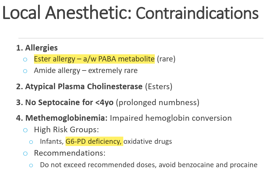 <p>ester allergy with PABA metabolite or pts with methemlobinemia G6PD deficiency</p>