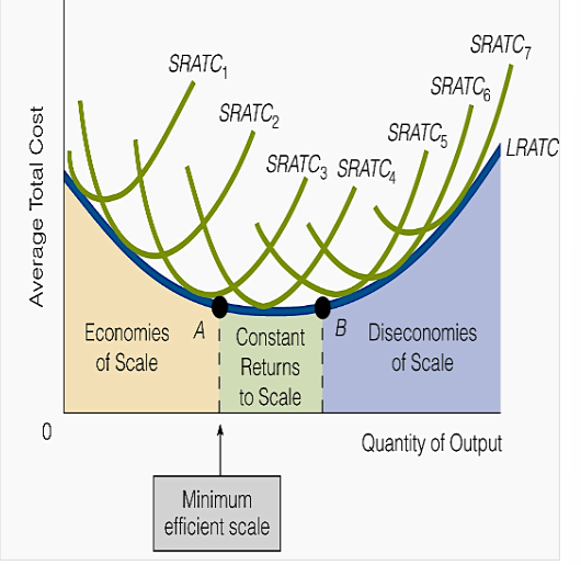 <ul><li><p>the long-run average total cost curve is the heavily shaded, blue smooth curve</p></li><li><p>the LRATC curve is not scalloped because it’s assumed that there are so many plant sizes that the LRATC curve touches each SRATC curve at only one point</p></li></ul><p></p>