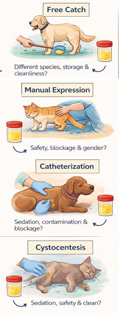 <p><span><strong>1. Free catch</strong><br>Free-catch urine collection is <u>non-invasive</u> and suitable for many species, but the method is <u>prone to contamination </u>from skin, hair, litter, or the environment. Fresh midstream samples are preferred, and delays in analysis or improper storage can alter pH, cell integrity, and bacterial counts.</span></p><p></p><p><span><strong>2. Manual expression</strong><br>Manual expression involves <u>external pressure on the bladder </u>and should only be performed when urethral obstruction has been ruled out to avoid bladder rupture. It is generally easier in small animals, may be uncomfortable, and should be used cautiously with consideration of patient size, temperament, and sex.</span></p><p></p><p><span><strong>3. Catheterization</strong><br>Catheterization allows relatively <u>clean urine collection </u>and is particularly useful when bladder emptying is required, but it may <u>require</u> <u>sedation and technical skill</u>.</span></p><p></p><p><span><strong>4. Cystocentesis</strong><br>Cystocentesis involves <u>percutaneous needle aspiration of urine from the bladder </u>and provides the cleanest sample for culture and sensitivity testing. It may require sedation in some patients</span></p>