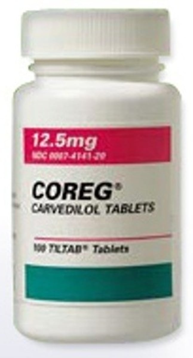 <p>Generic Name: Carvedilol</p><p>Therapeutic Class: Beta + alpha1 adrenergic receptor blocker</p><p>Indication: Hypertension, congestive heart failure, angina</p>