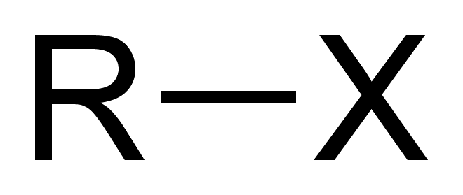 <p>R-X. Derived from alkanes where one or more hydrogen atoms are replaced by a halogen atom. </p>