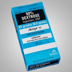 <p>D50W, D10W</p><p>Carbohydrate; Antihypoglycemic Agent</p><p>Indication(s): Severe hypoglycemia; administered with IV regular insulin for hyperkalemia.</p><p>Warning(s): Hypertonic dextrose (D50W) can cause tissue injury if extravasation occurs; verify concentration before administration.</p><p>Side effect(s): Hyperglycemia, phlebitis, extravasation injury.</p>