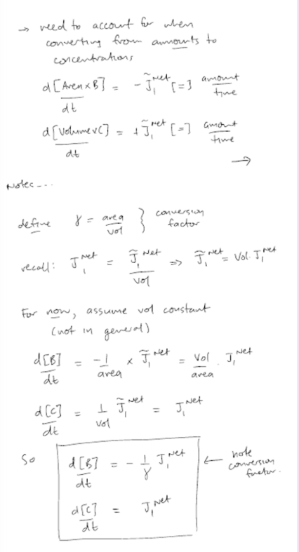 <ul><li><p>Core Problem: Chemical reactions conserve total amount (moles/molecules), not concentration. Standard cytosolic reaction models assume a fixed 3D volume, allowing concentration (mol/L or mol/m³) to serve as a proxy for amount</p></li><li><p>Dimensional Mismatch: Membrane receptors exist on a 2D surface, making their concentration naturally measured per unit area (mol/m²). Cytosolic species are measured per unit volume (mol/m³)</p></li><li><p>Solution: To integrate membrane surface reactions with cytosolic volume reactions while maintaining dimensional consistency, introduce a geometric conversion factor (surface area-to-volume ratio, A/V)</p></li></ul><p></p>