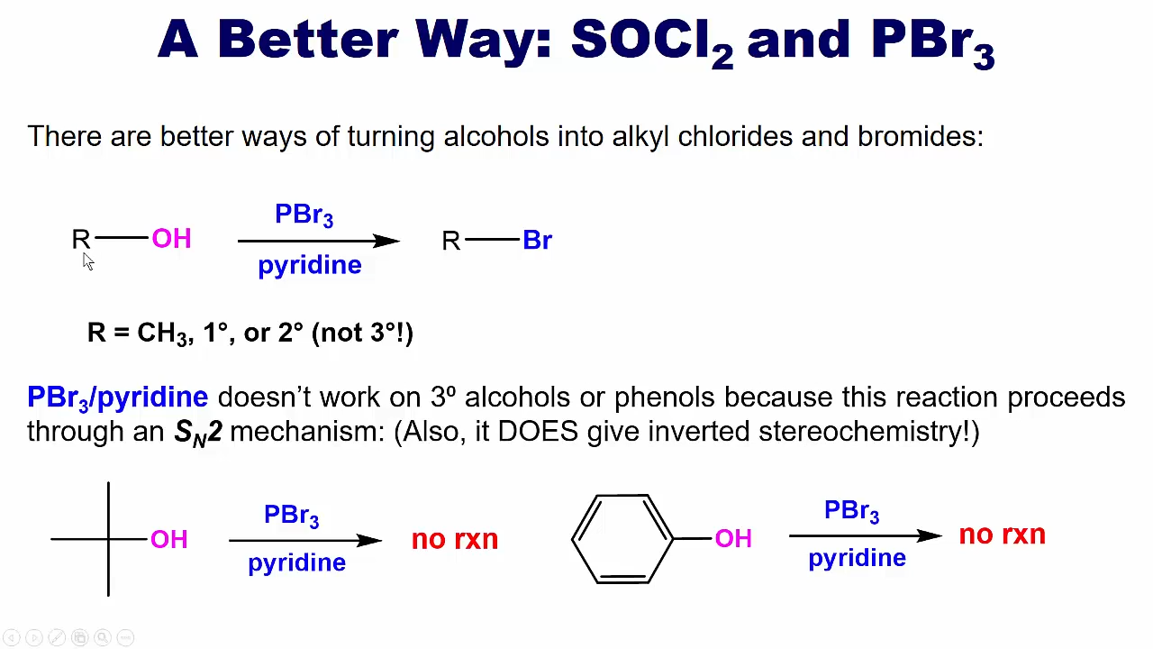 <p>turn alcohols into alkyl bromides via AN SN2 REACTION, IT WILL BE OPPOSITE STEROCHEMISTRY</p>
