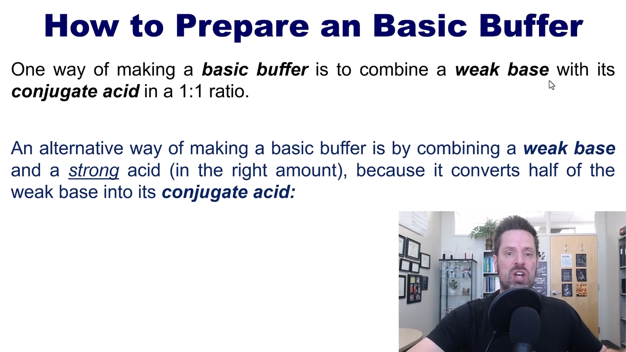 <p>adding 2 parts weak acid to 1 part strong base, which will lead to the strong acid being completley used up, and in turn generating the conjugate base of the weak acid in a 1:1 ratio</p>
