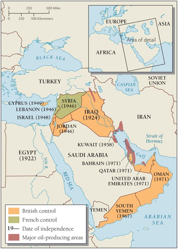 <p>According to the Decolonization in the Middle East Map, how many countries gained independence from Britain in 1971?</p>
