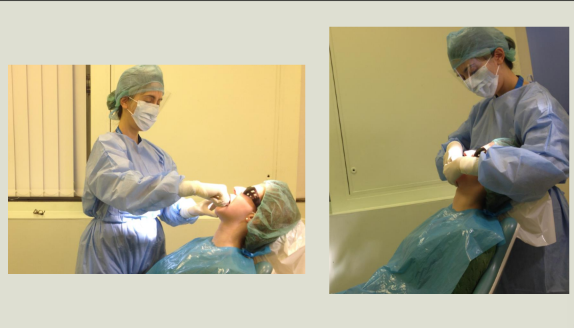 <p>guide - you want to see the occlusal surfaces of the teeth</p><p>image one - lower left quadrant - infront </p><p>lower right - standing behind the patient </p>
