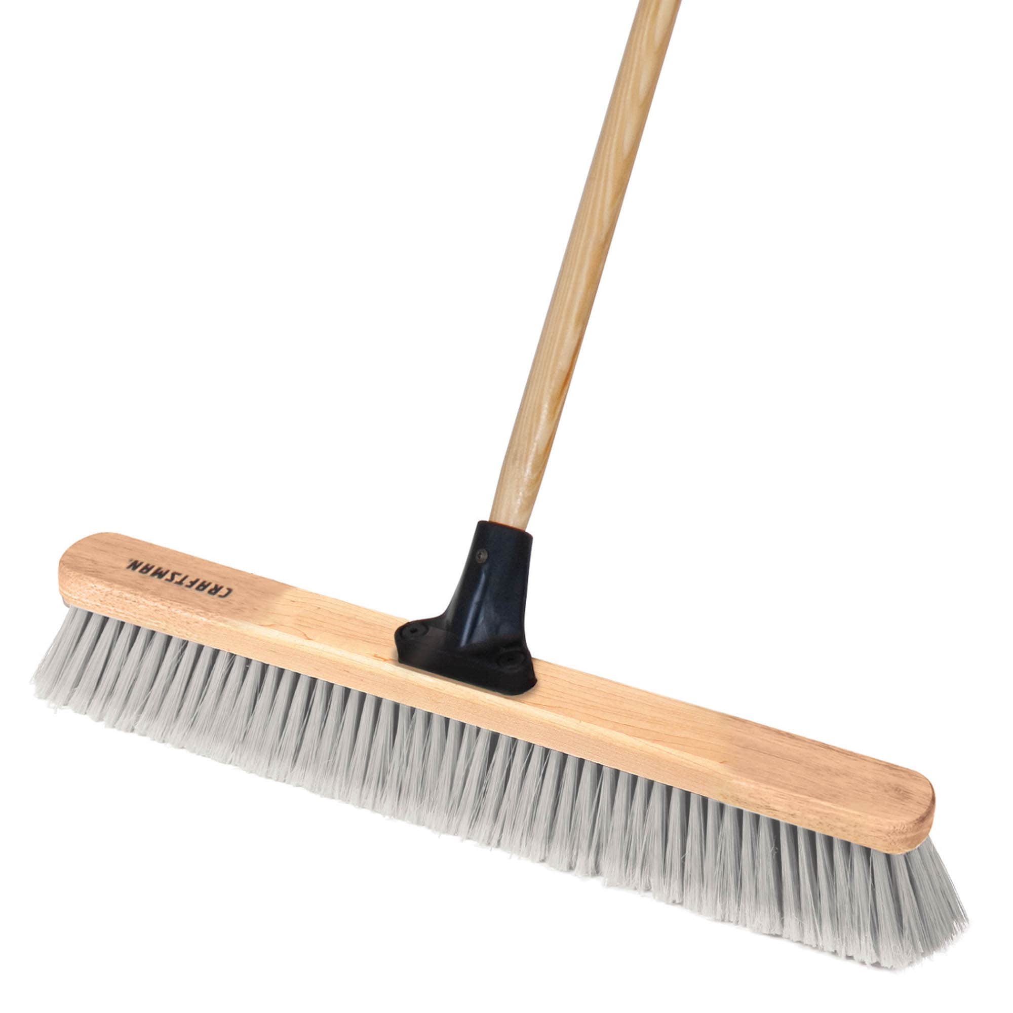 <p>Wide-floor broom with long 4–5 ft handle and stiff, dense bristles mounted in a rectangular head, used for sweeping large surface areas.</p>