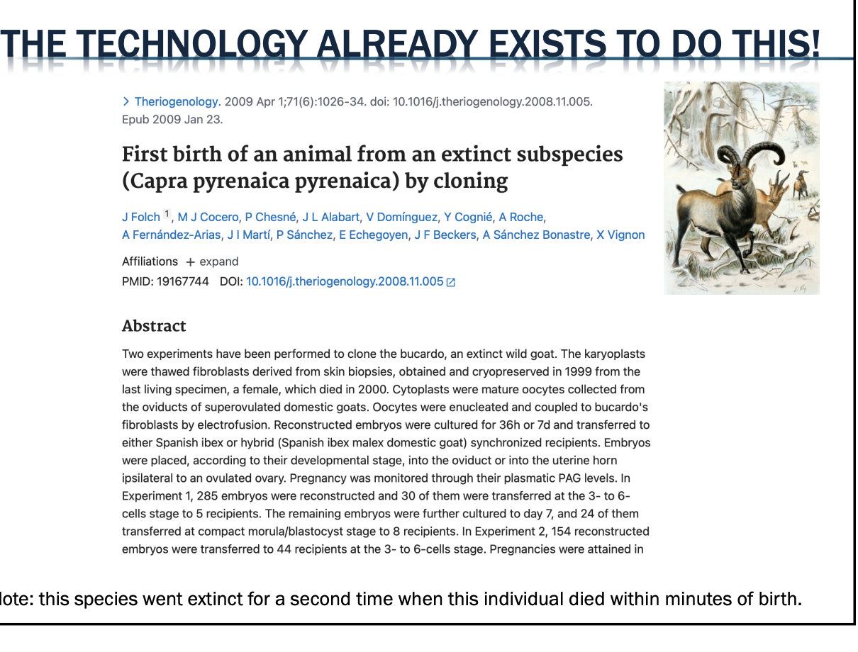 <ul><li><p>first birth of animal from extinct subspecies by cloning</p></li><li><p><span style="background-color: inherit; line-height: 19.55px; color: windowtext;">First species to go extinct and exist and go extinct again</span><span style="line-height: 19.55px; color: windowtext;"> </span></p><ul><li><p class="Paragraph SCXO251370531 BCX0" style="text-align: left;"><span style="background-color: inherit; line-height: 19.55px; color: windowtext;">Clone animal (died within minutes of birth)</span><span style="line-height: 19.55px; color: windowtext;"> </span></p></li></ul></li></ul><p></p>