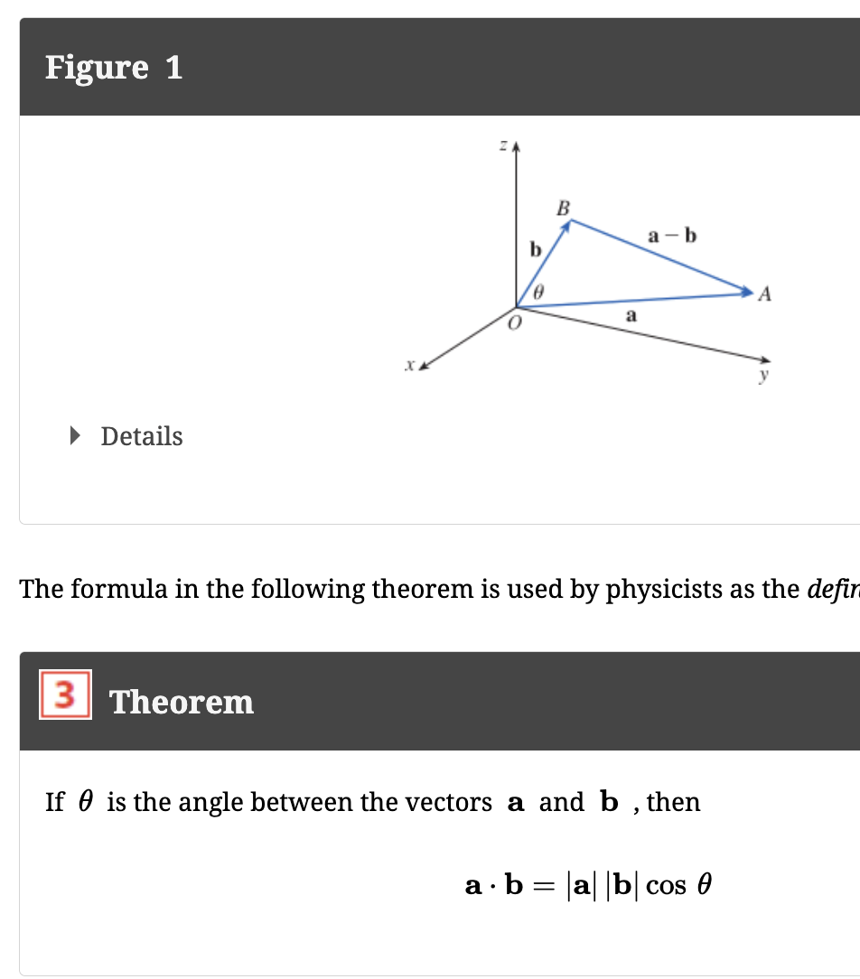 <p>two vectors’ (that start at the origin) lengths multiplied together, times the cosine of the angle between them, is the dot product.  </p>