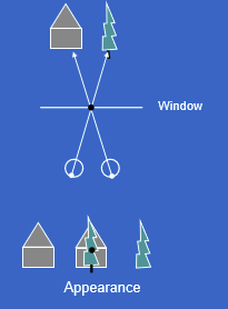 <p>When fixation is on the spot on the window, the two foveas have the same oculocentric direction, so different objects aligned with each fovea can appear in the same perceived location, causing visual confusion.</p>
