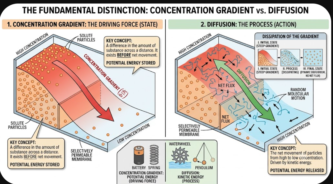<p><span><strong>Moving down the gradient</strong>: Particles naturally move from<strong> high to low </strong>concentration through diffusion without using energy.</span></p><p><span><strong>Moving against the gradient</strong>: Moving from low to high concentration requires cell energy (ATP) via active transport.</span></p>